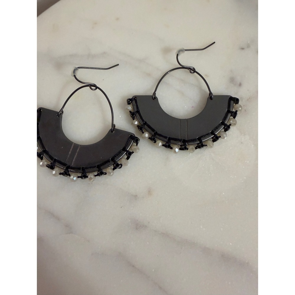 Fan Shape Dangle Earrings Dark Gray Beaded‎ Statement Women